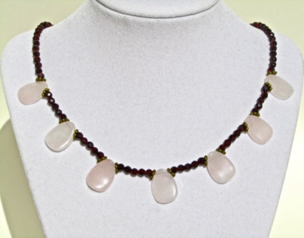 Gemstone Necklace, Rose Quartz Petals, Faceted Garnet, Natural Stone, Clearance