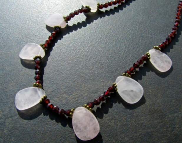 Gemstone Necklace by Prairie Ice, Rose Quartz, Faceted Garnet, Antique Bronze