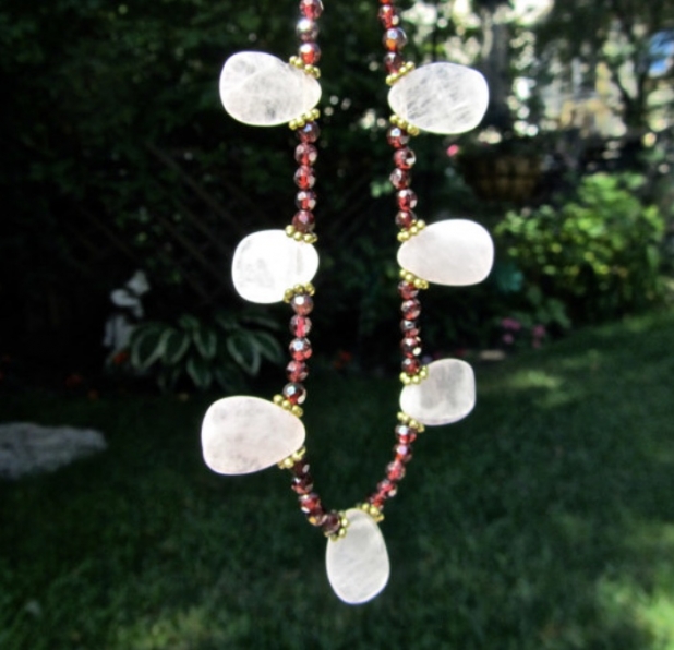 Gemstone Petal Necklace, Rose Quartz, Garnet, January Birthstone