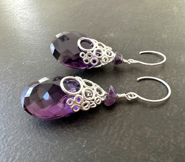 Amethyst Quartz Earrings, Sterling Silver, Bubble Earrings