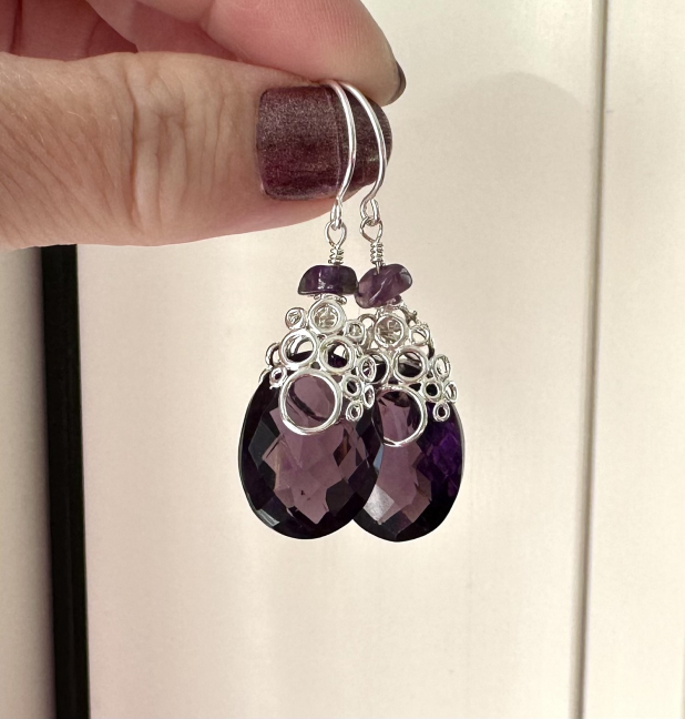 Amethyst Quartz Earrings, Sterling Silver, Bubble Earrings
