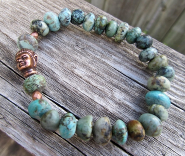 Men's Stone Bracelet, African Turquoise Nuggets, Copper Buddha, Prairie Ice