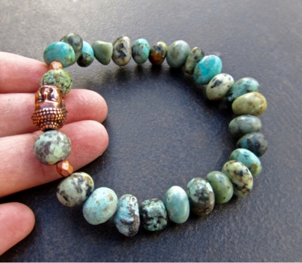 Men's Buddha Bracelet, African Turquoise Nuggets, Natural Stone Nuggets