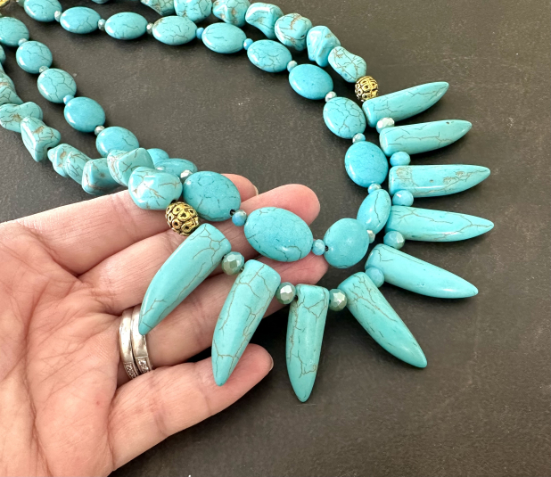 Turquoise Statement Necklace, Tribal Spike Necklace, Aqua Stone, Double Strand