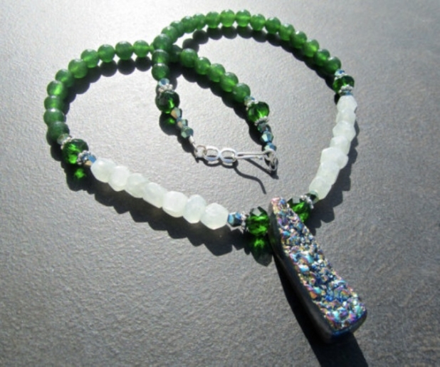Druzy Statement Necklace, Titanium Druzy Pendant, Emerald Jade, Aventurine