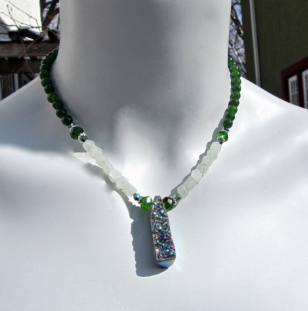 Sale, Druzy Necklace, Titanium Druzy, Green Jade, Green Aventurine, Gift for Her