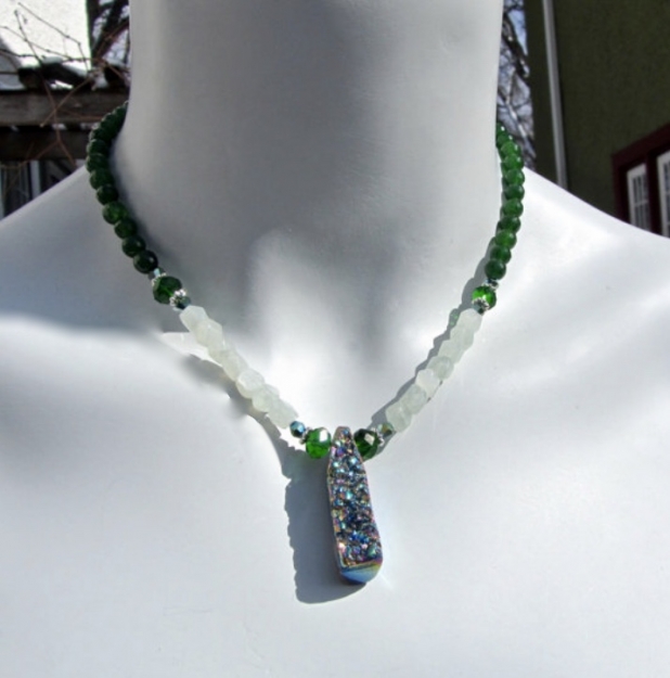 Sale, Druzy Necklace, Titanium Druzy, Green Jade, Green Aventurine, Gift for Her
