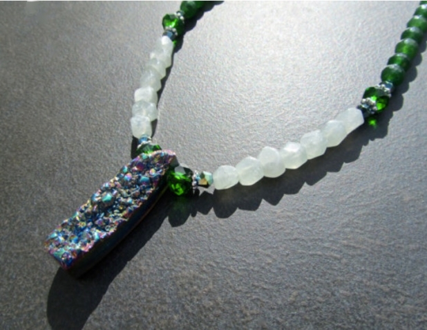Druzy Pendant Necklace, Titanium Druzy, Green Stone Necklace, Prairie Ice