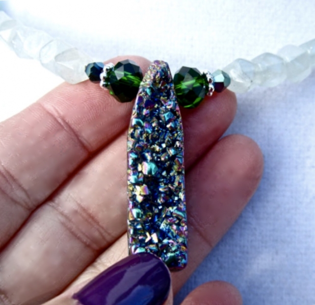 Druzy Statement Necklace, Titanium Druzy, Green Stone, Boho Style Necklace