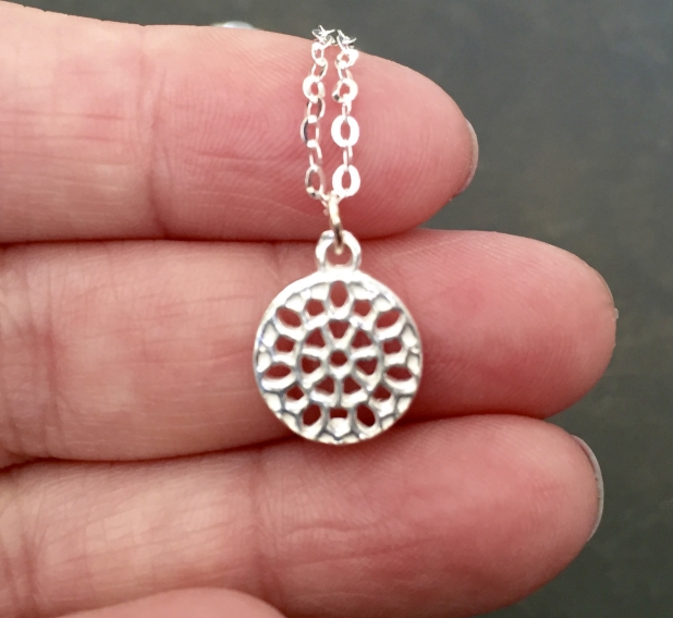 Disk Necklace, Sterling Silver, Honeycomb Charm Pendant