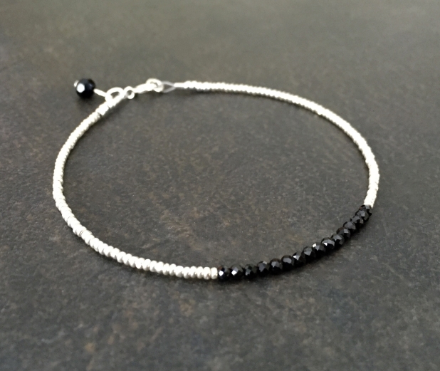 Minimalist Bracelet, Black Obsidian, Silver Czech Glass