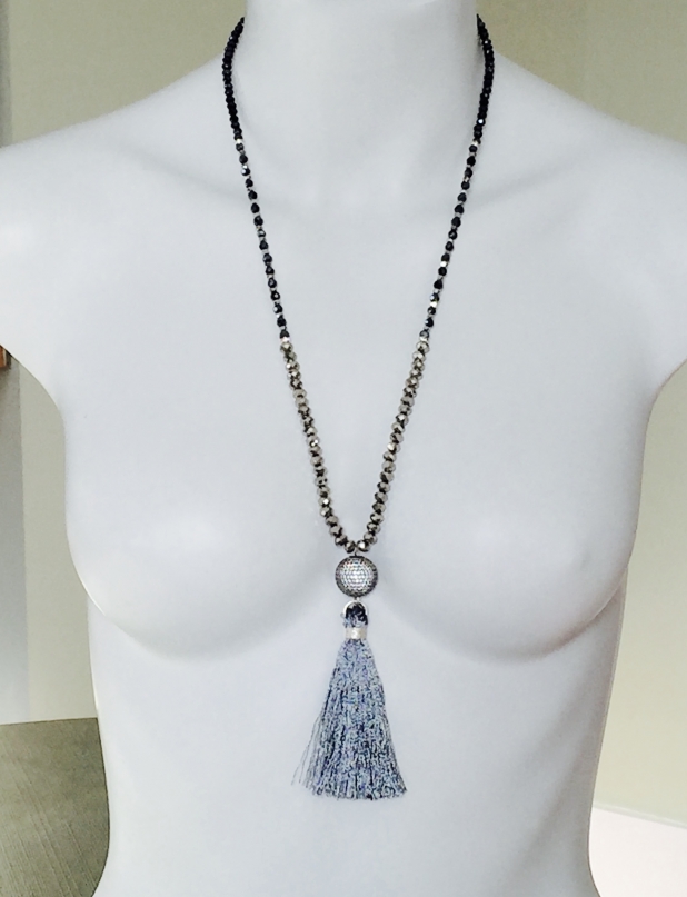 Boho Tassel Necklace, Crystal Necklace, Long Layering Necklace, Sparkly