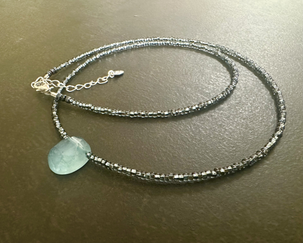 Aquamarine Necklace, Natural Blue Gemstone, Sterling Silver, Adjustable Necklace