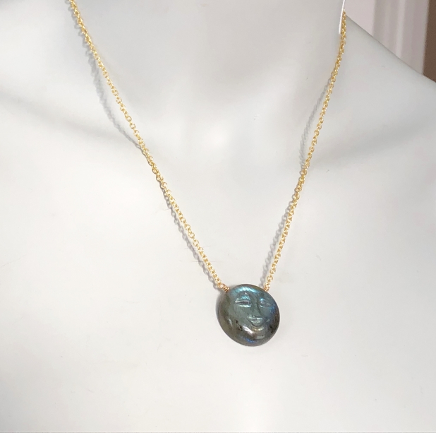 Labradorite Moon Necklace, Carved Moon Face, Natural Stone