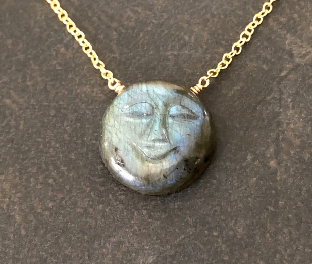Moon Face Necklace, Blue Flash Labradorite, Gold Filled, Layering Necklace,