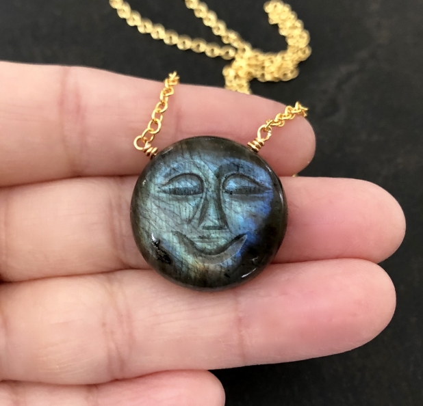 Carved Moon Necklace, Labradorite Moon Face, Blue Labradorite Pendant, 18K Gold