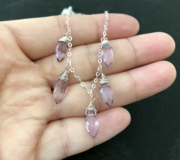 Amethyst Necklace, Multi Pendant, Wire Wrapped, Sterling Silver