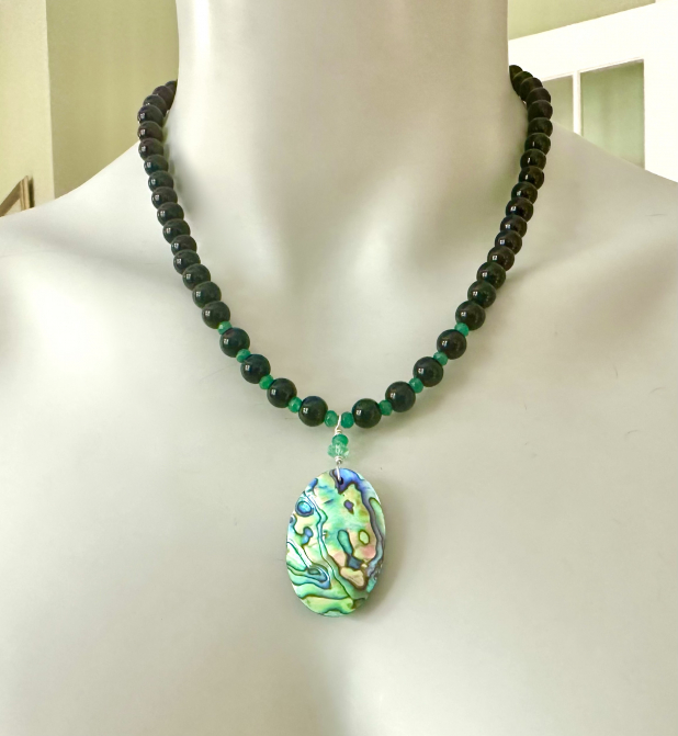 Abalone Statement Necklace, Shell Pendant, Black Onyx, Green Emerald, Sterling S