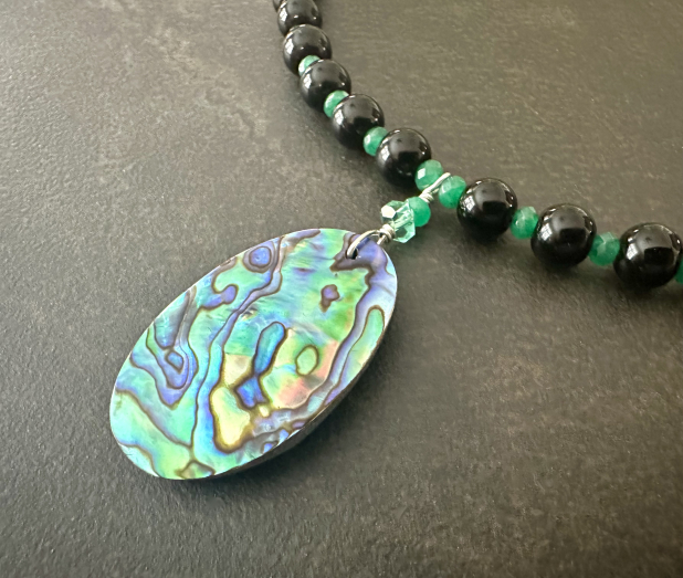 Abalone Statement Necklace, Shell Pendant, Black Onyx, Green Emerald, Sterling
