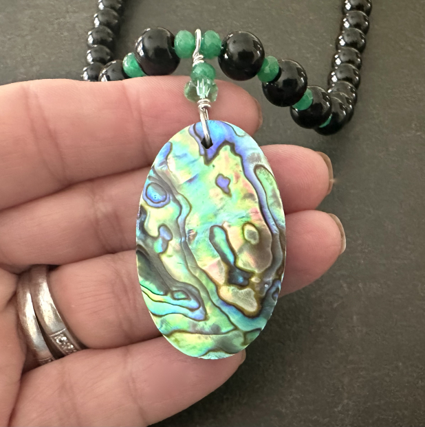 Abalone Statement Necklace, Shell Pendant, Black Onyx, Green Emerald, Sterling