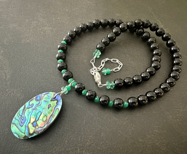 Abalone Statement Necklace, Shell Pendant, Black Onyx, Green Emerald, Sterling S
