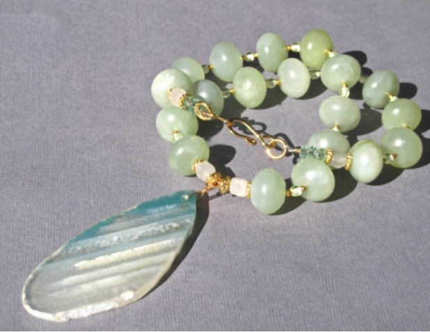 Chunky Green Necklace, Agate Slice, Green Aventurine, Jade, Natural Stone