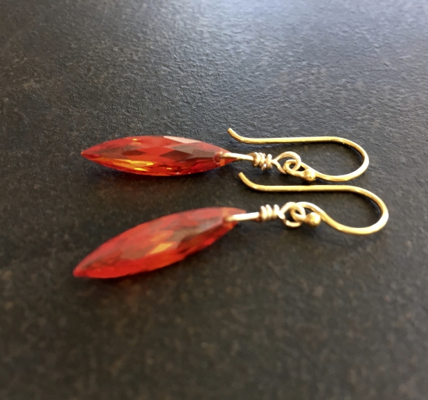 Cubic Zirconia Earrings, Red CZ, 14K Gold Filled, Statement Earrings, Dangle