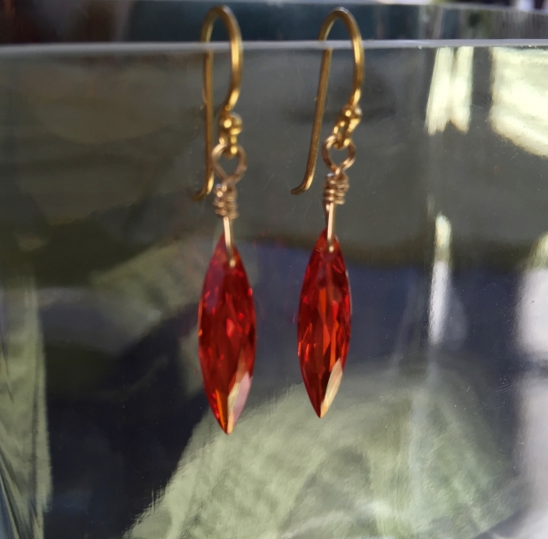 Red Crystal Earrings, Red CZ, 14K Gold Filled, Sparkly Jewelry