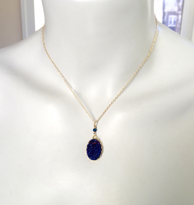 Blue Druzy Necklace, Titanium Druzy, 14K Gold Filled Chain, Sparkly Necklace