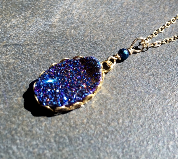 Druzy Pendant, Cobalt Blue Druzy, Gold Filled Chain, Gift Under 50, Prairie Ice