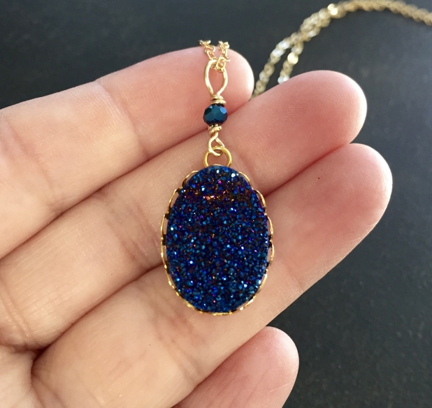 Titanium Druzy Pendant, Blue Druzy Necklace, 14K Gold Filled Chain, Gift for Her