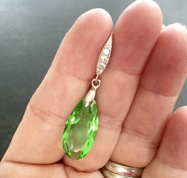Quartz Statement Earrings, Green Quartz Teardrop, Sterling Silver, Sparkly