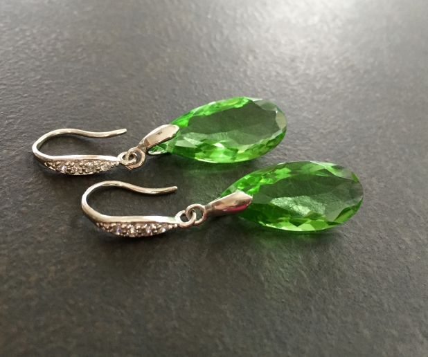 Green Statement Earrings, Peridot Green, Quartz Teardrops, Sterling Silver CZ