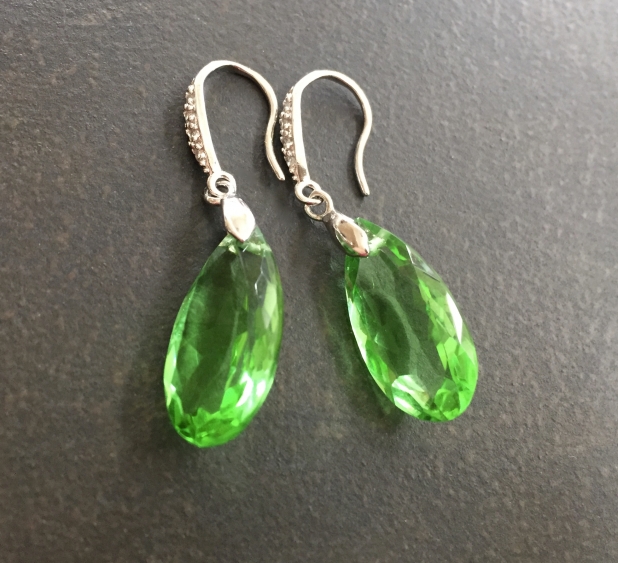 Quartz Earrings, Statement Earrings, Green Quartz, Sterling Silver, Pave CZ