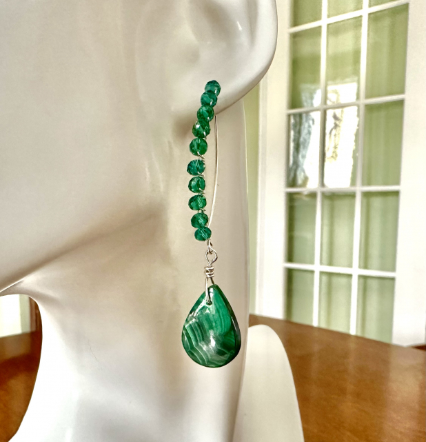 Malachite Earrings, Green Stone Earrings, Sterling Silver, Gift for Her
