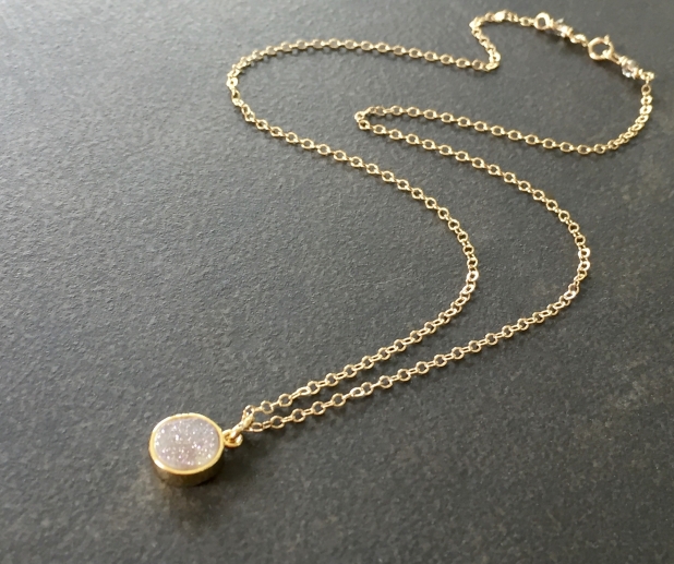 Dainty Gold Necklace, Natural Druzy Pendant, Gold Filled Chain, Prairie Ice