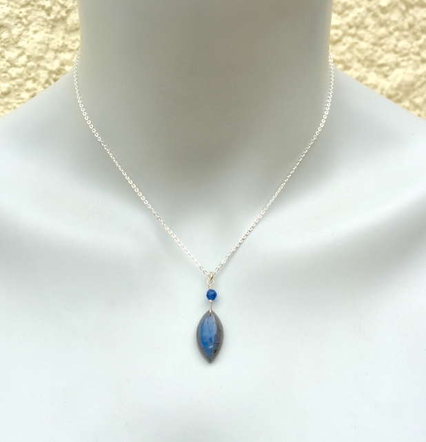 Blue Flash Labradorite, Labradorite Necklace, Marquise Stone, Blue Agate, Silver