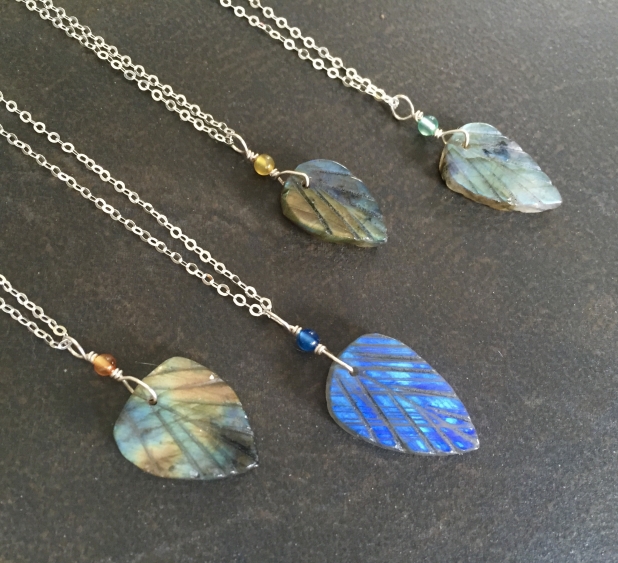 Labradorite Leaf Necklace, Hand Carved, Sterling Chain, Prairie Ice