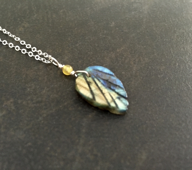 Carved Leaf Necklace, Labradorite, Blue and Yellow Stone, Sterling Silver