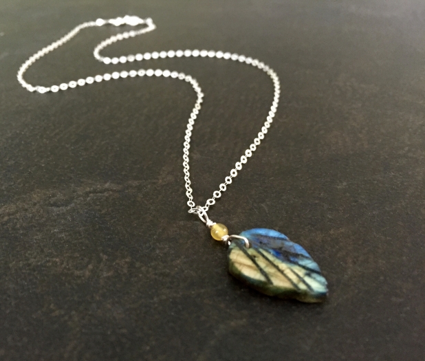 Labradorite Leaf Necklace, Yellow Agate Accent, Sterling Silver, Boho Style