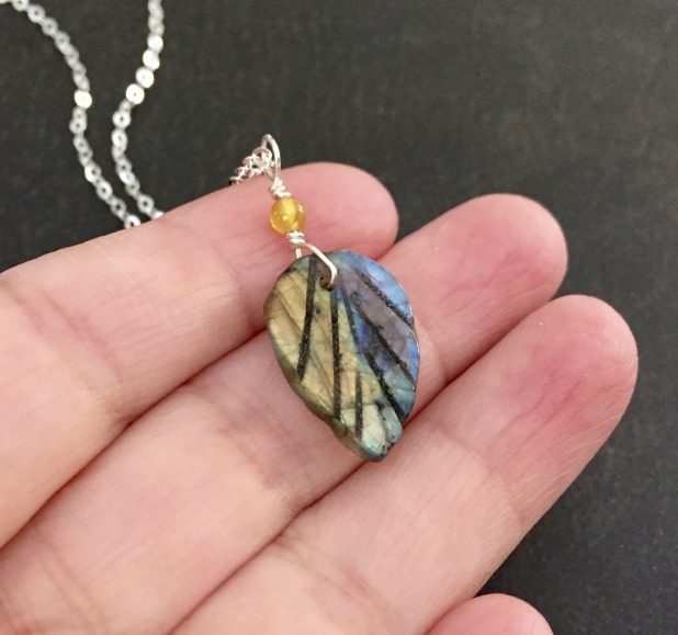 Dainty Labradorite Necklace, Carved Leaf Pendant, Yellow Agate, Natural Stone