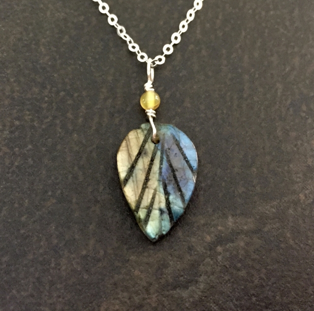 Labradorite Necklace, Carved Leaf Pendant, Sterling Silver, Dainty Necklace