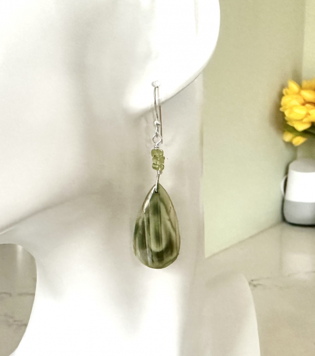 Green Stone Earrings, Olive Imperial Jasper, Peridot, Sterling Silver Dangle