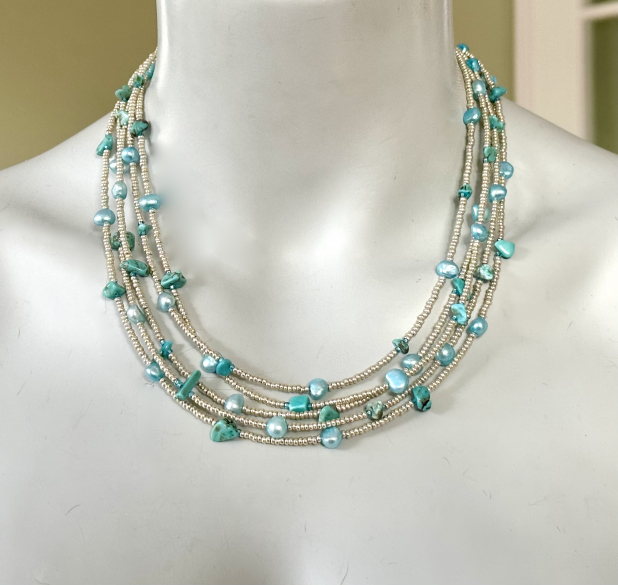 Turquoise Statement Necklace, Freshwater Pearls, Blue and Silver Multi Strand