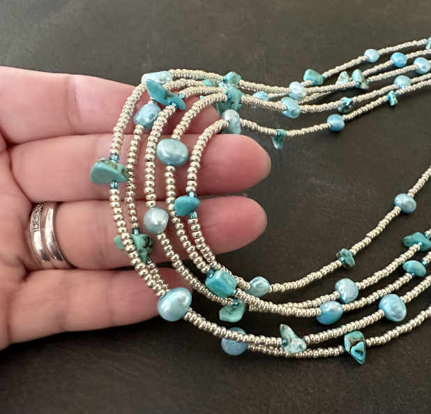 Turquoise Statement Necklace, Freshwater Pearls, Blue and Silver Multi Strand