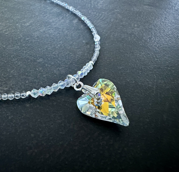 Swarovski Crystal Heart Necklace, Labradorite, Sterling Silver, Gift for Her