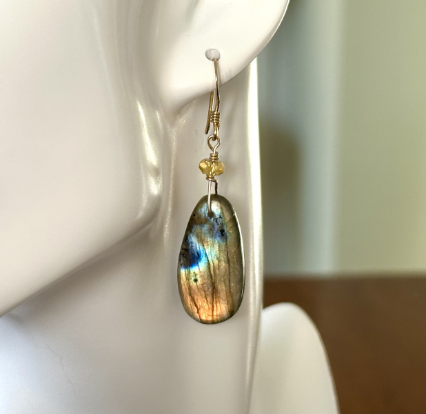 Labradorite Statement Earrings, Natural Stone, Labradorite and Gold