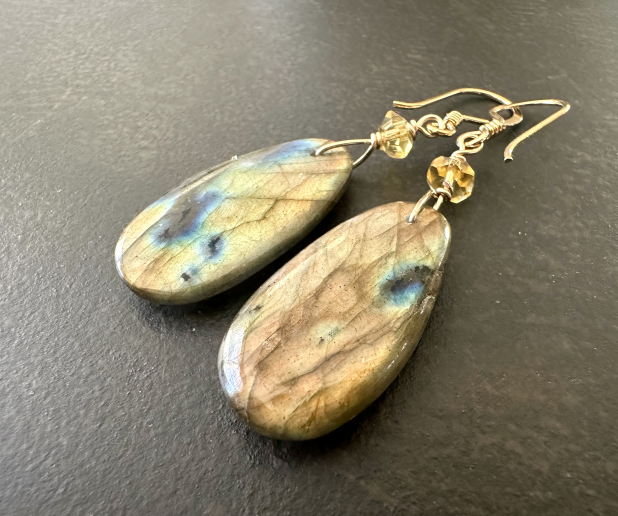 Labradorite Statement Earrings, Natural Stone, Labradorite and Gold