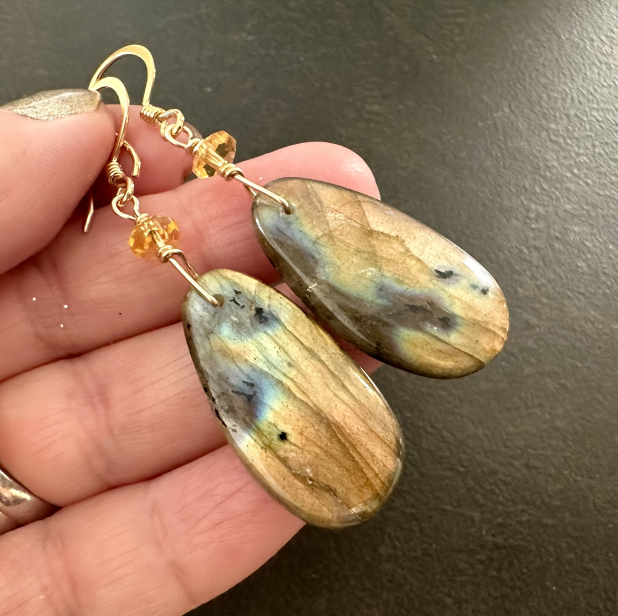 Labradorite Statement Earrings, Natural Stone, Labradorite and Gold