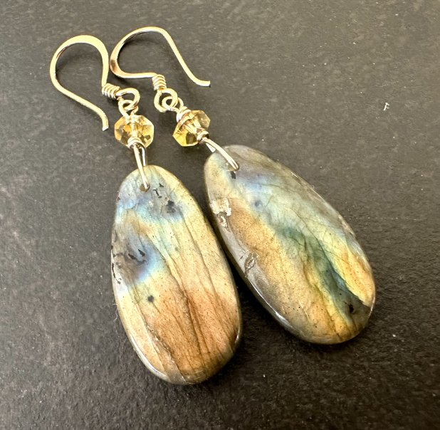 Labradorite Statement Earrings, Natural Stone, Labradorite and Gold